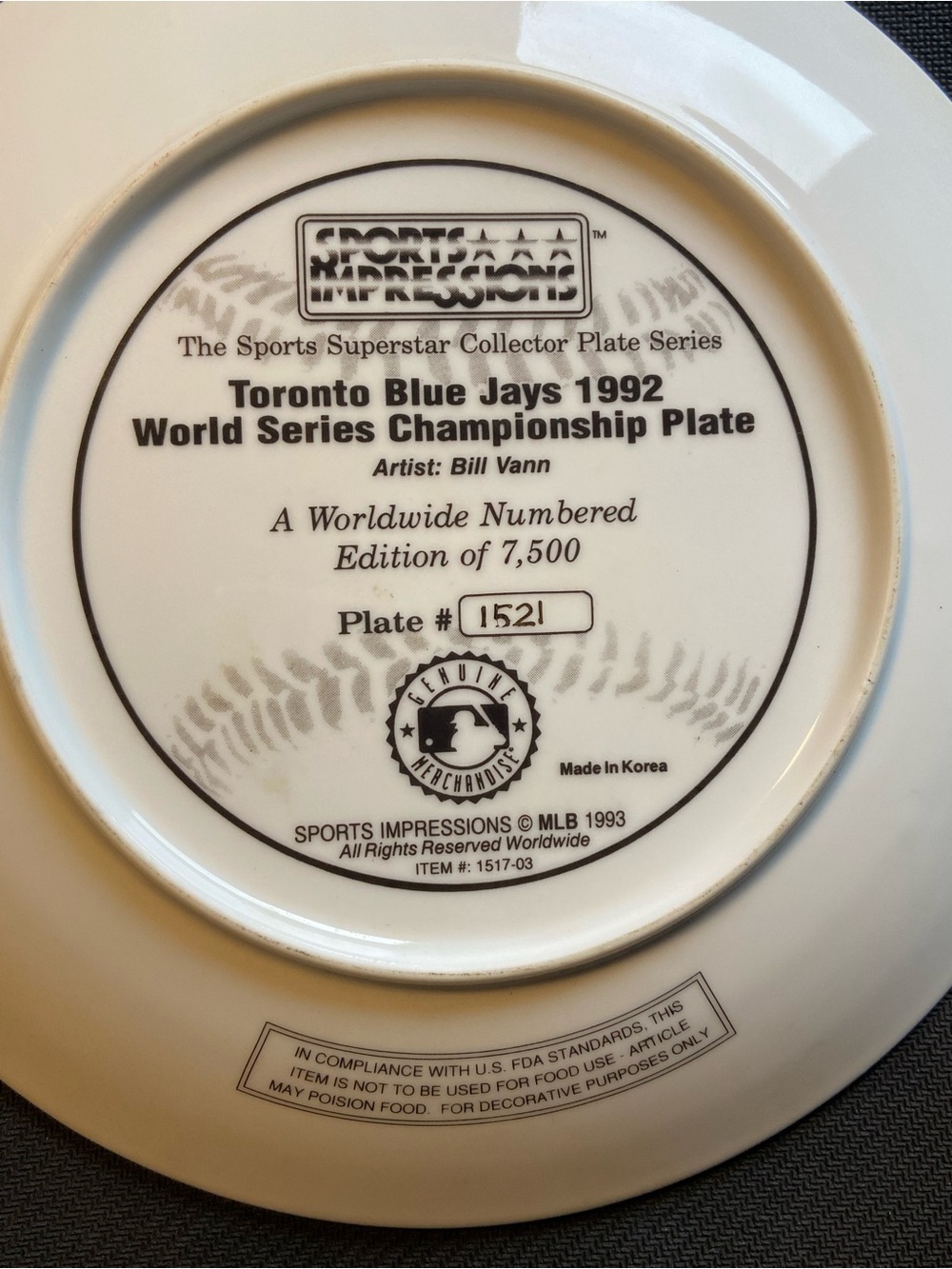1992 Toronto Blue Jays World Series Plate - Picture 5 of 5